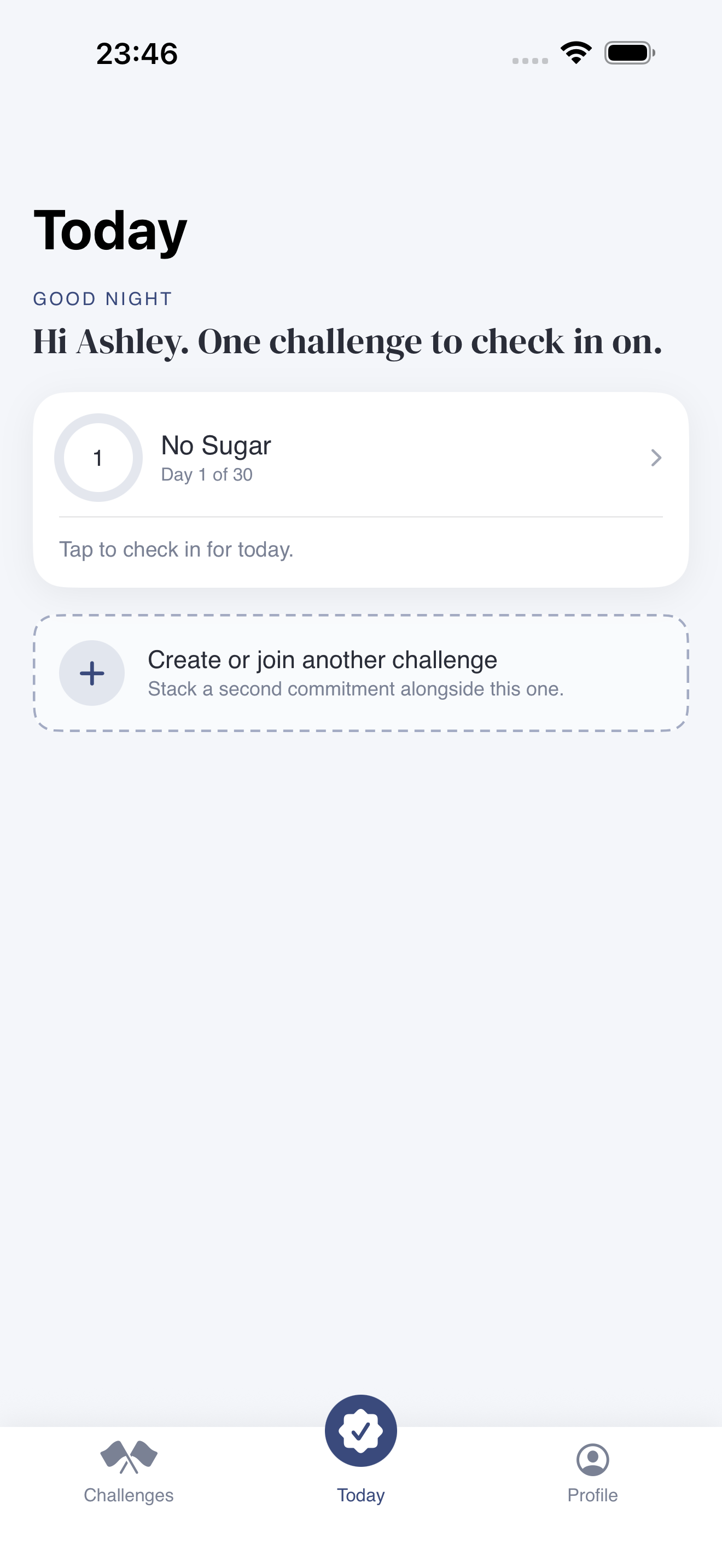 Today screen with active challenge