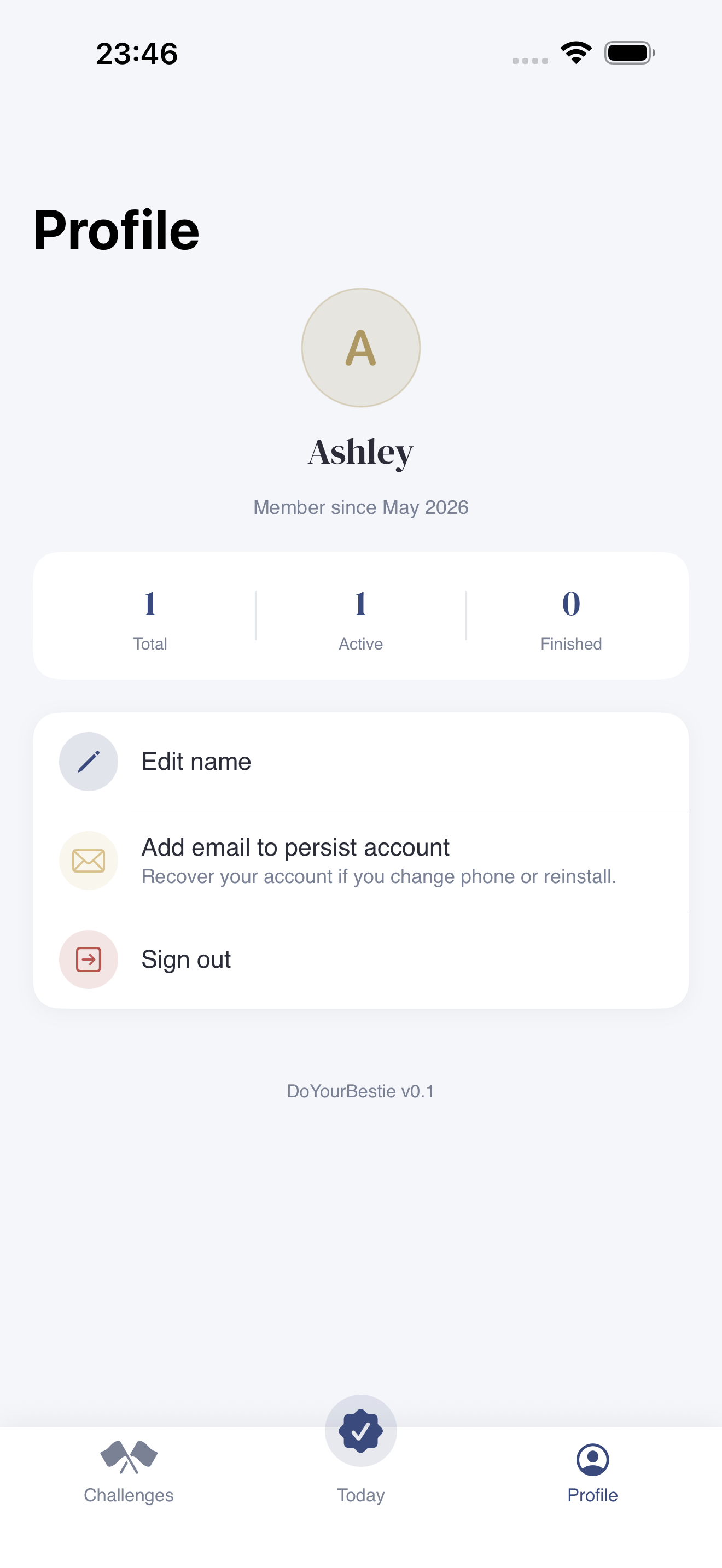 Profile and settings screen