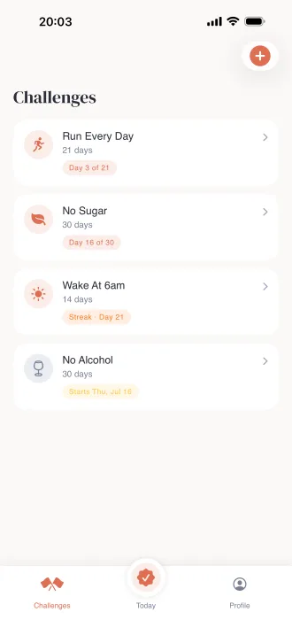 All your challenges with their day counts and status