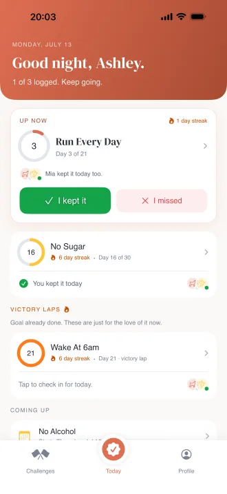 DoYourBestie Today screen with two active challenges and streaks
